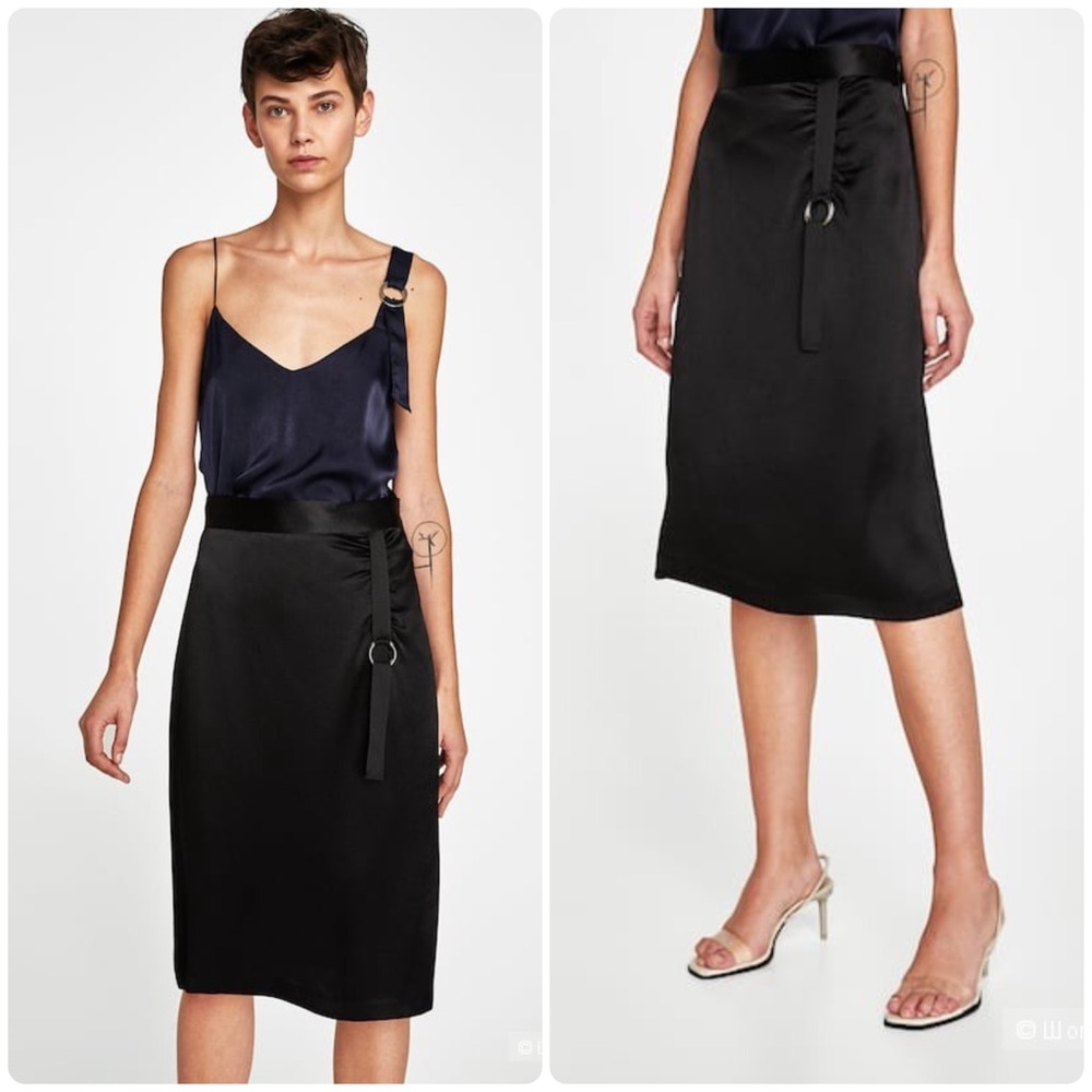 NWOT Zara Black Satin Modern Midi Skirt With Buckle Detail XS